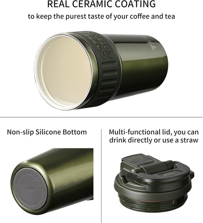 TKK Insulated Coffee Mug with Ceramic Coating, 21oz Iced Coffee Tumbler Cup with Straw Lid Double Wall Vacuum Leak Proof Travel Mug with Strap for Hot and Iced Beverage, Tungsten Steel