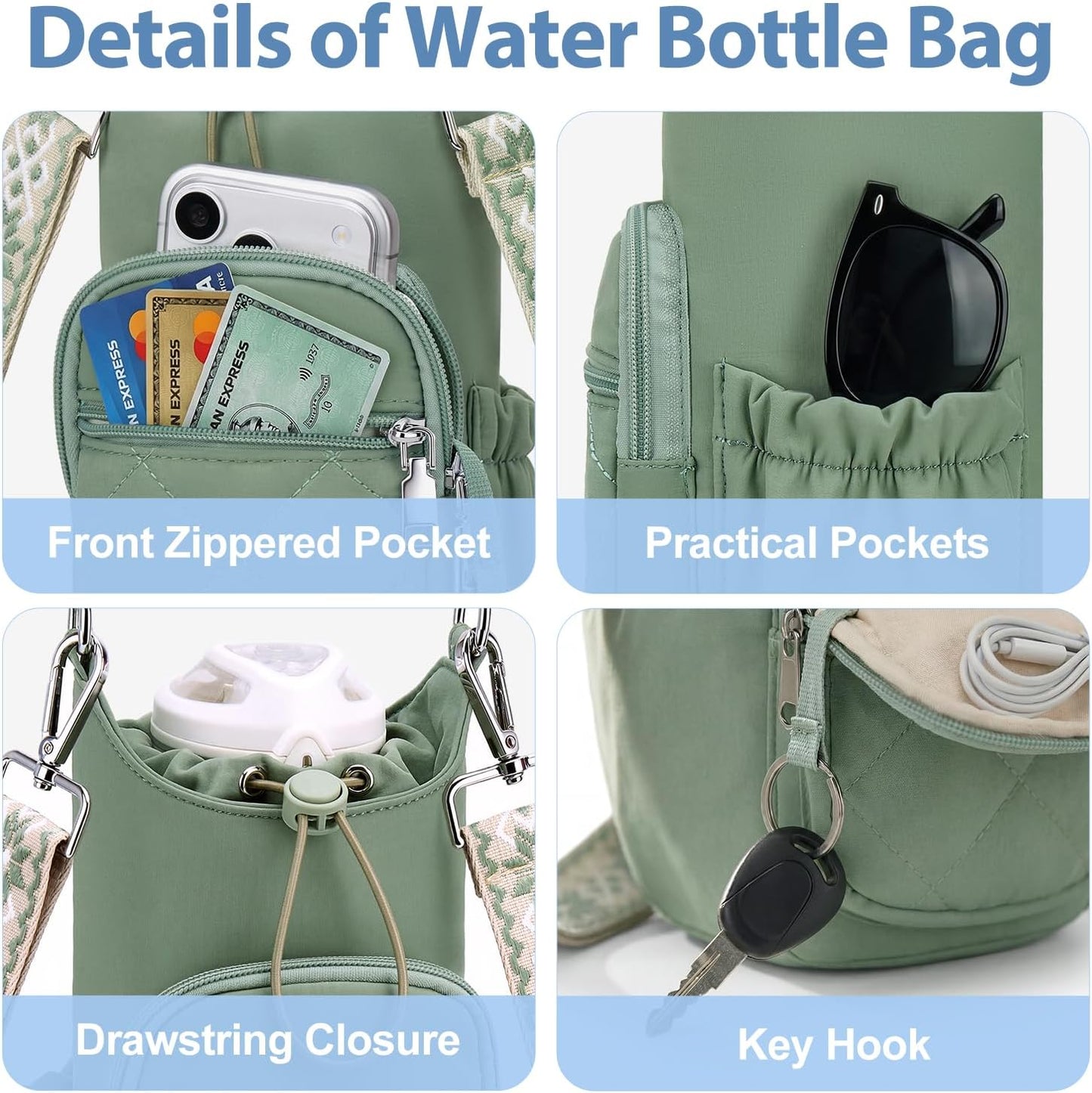 Crossbody Water Bottle Bag for Women, Lightweight Insulated Water Bottle Carrier with Phone Pocket, Secure &Hands-Free for Walking, Travel, Outdoor (Up to 40oz) Antique Green