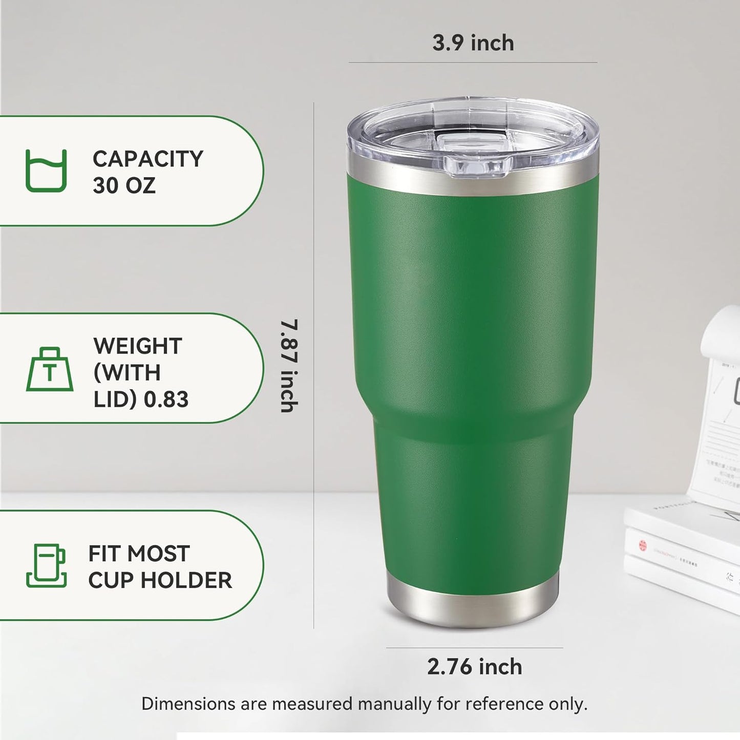 30 oz Tumbler with Lid Stainless Steel Tumblers Vacuum Insulated Cup Reusable Powder Coated Travel Mug Double Wall Leak Proof Portable Cups Keep Cold Drinks for 12 Hours, Stainless, 1 Pack