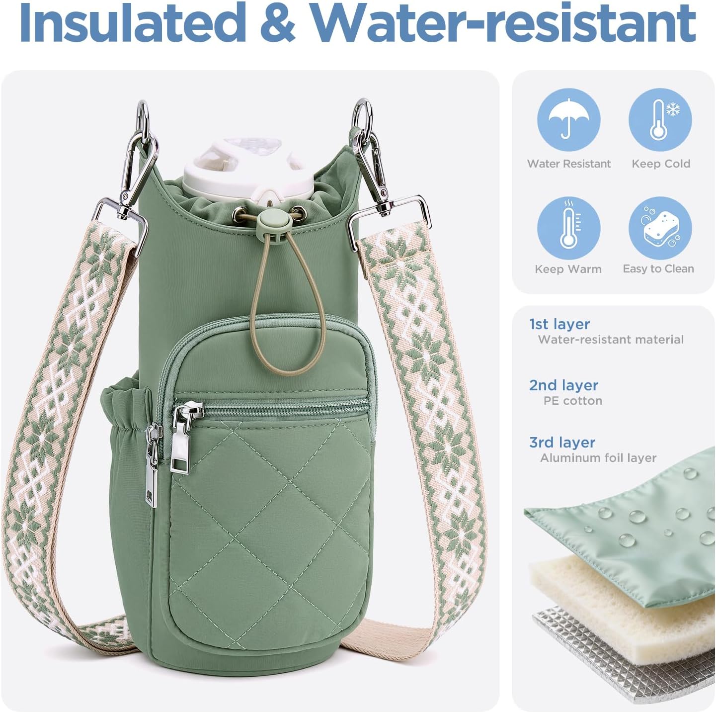 Crossbody Water Bottle Bag for Women, Lightweight Insulated Water Bottle Carrier with Phone Pocket, Secure &Hands-Free for Walking, Travel, Outdoor (Up to 40oz) Antique Green