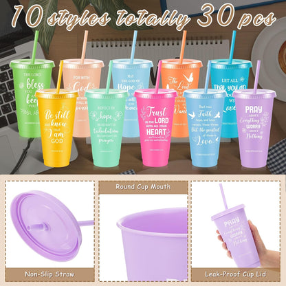 Uiifan 30 Pcs Christian Gifts Cups Bulk for Women, 24oz Bible Verse Christian Tumblers with Lids and Straw, Religious Church Gifts for Mother's Day (Fresh Color,Bible)