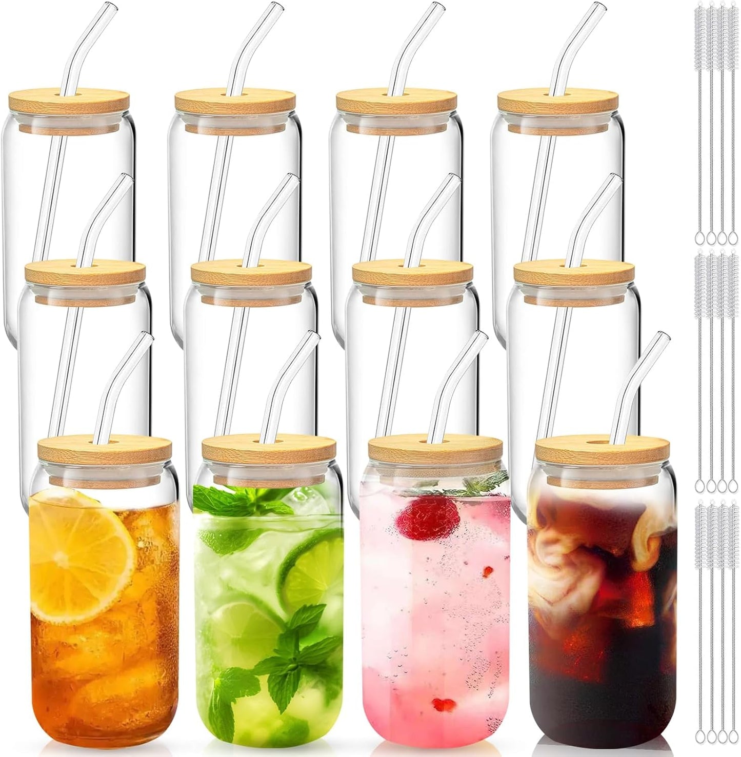 Glass Cups with Lids and Straws 1Pack,Glass Coffee Cups,Glass Cup with Lid for Iced Coffee,Smoothie,Cocktail,Beer,Whiskey,Soda,Matcha,16 Oz Glass Cup with Bamboo Lid,1 Brush
