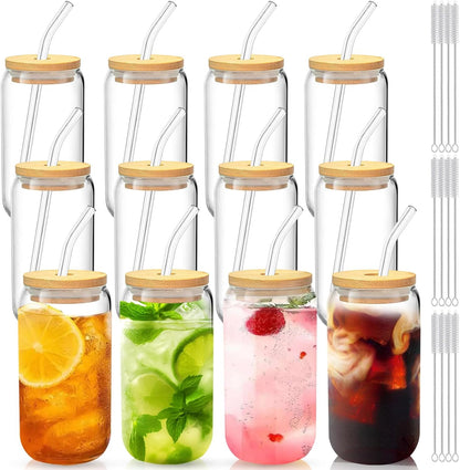 Glass Cups with Lids and Straws 1Pack,Glass Coffee Cups,Glass Cup with Lid for Iced Coffee,Smoothie,Cocktail,Beer,Whiskey,Soda,Matcha,16 Oz Glass Cup with Bamboo Lid,1 Brush