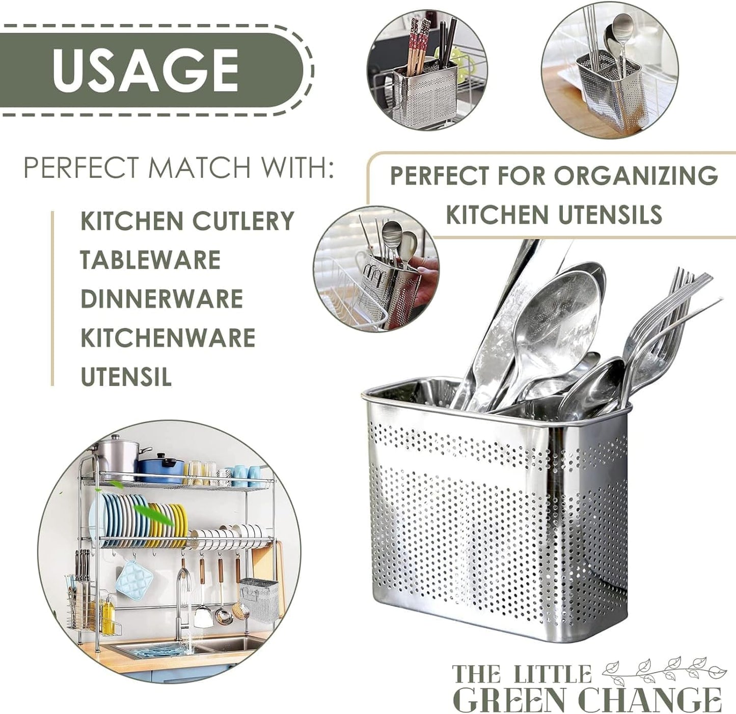 Kitchen Utensils Chopsticks Holder Drying Rack Basket with Hooks 2 Divided Compartments Quality Stainless Steel Large L5.4 X H4.3 X W2.6