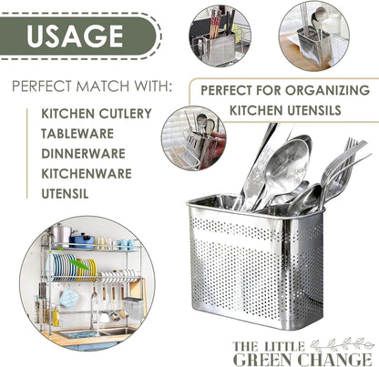 Kitchen Utensils Chopsticks Holder Drying Rack Basket with Hooks 2 Divided Compartments Quality Stainless Steel Large L5.4 X H4.3 X W2.6