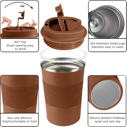 YINBAOGE Insulated Travel Coffee Mug, Spill & Leak Proof, Portable To Go Camping Stainless Steel Coffee Tumbler, Reusable Thermal Coffee Cup with Lid for Hot & Cold Drinks (Black, 12 OZ)