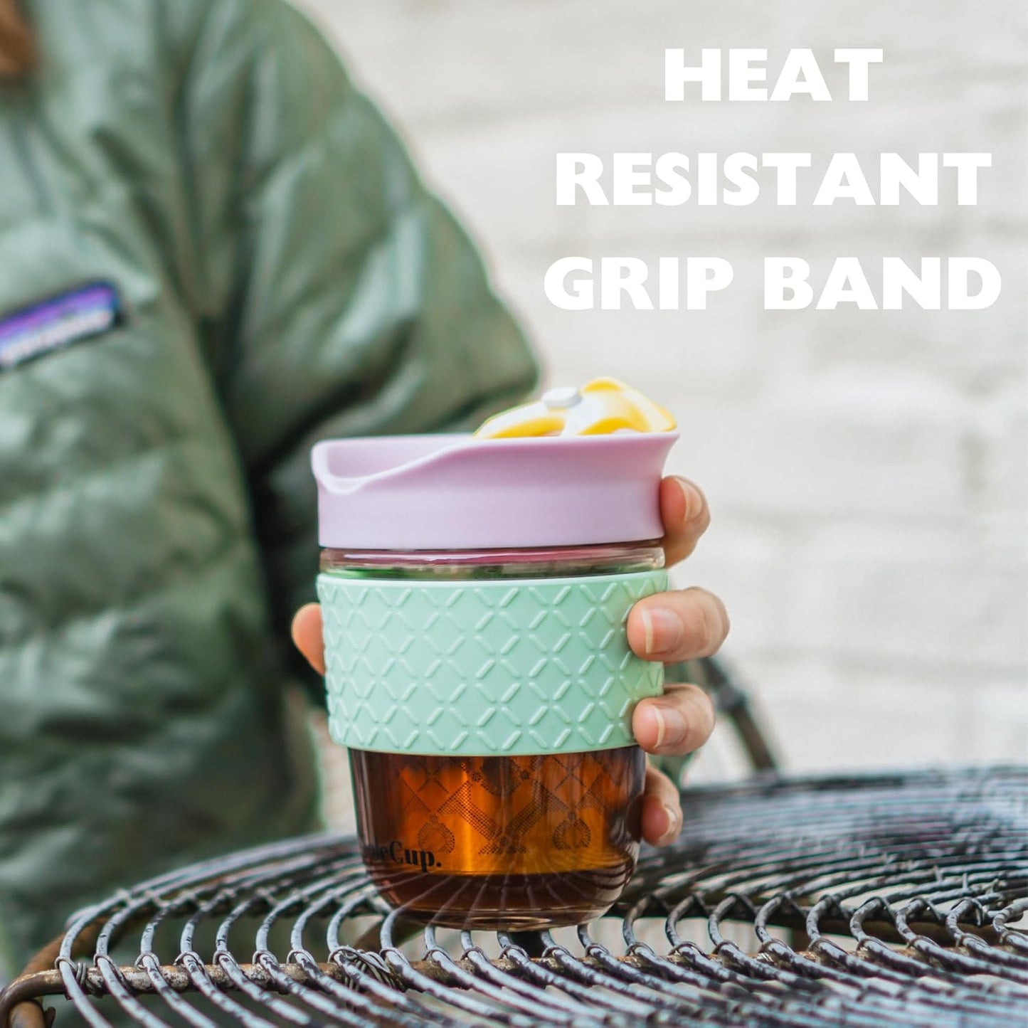 Travel Mug Loose Tea Infuser - Detachable Tea Strainer with Spillproof Lid - BPA-Free Reusable Glass Travel Coffee Cup with Silicone Band (Ice Cream, 12oz)