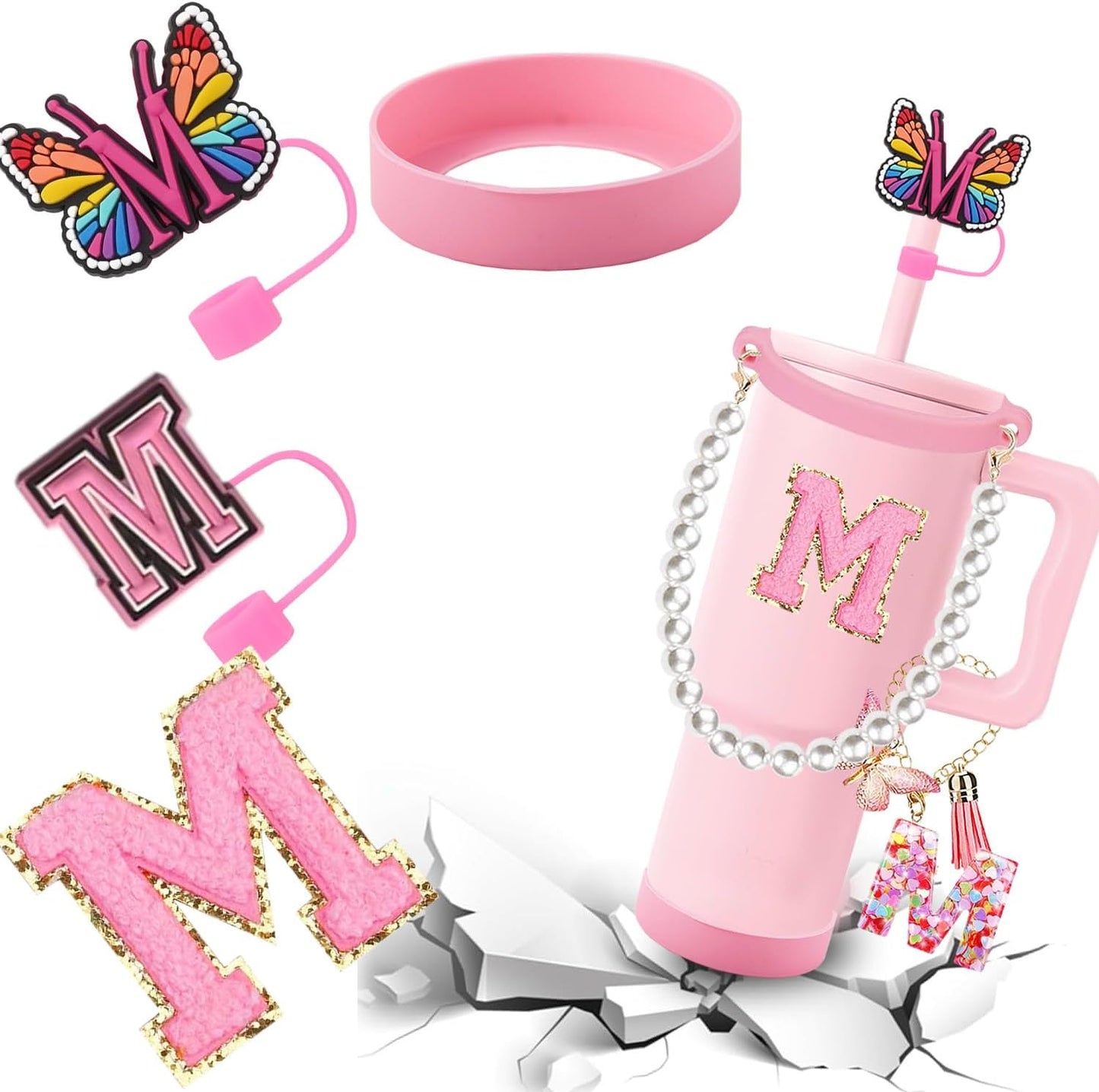 7pcs Cup Accessories for Stanley 30/40oz Tumbler, Handle Strap, Straw Cover, Silicone Boot, Letter Charm Stickers