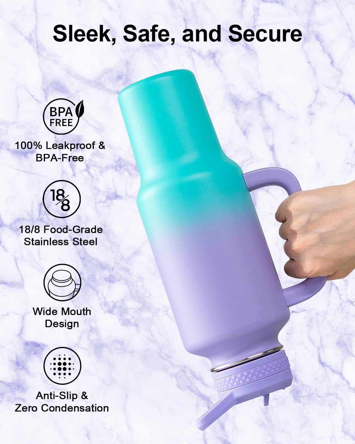 Trebo 40 oz Water Bottle Insulated Fit Car Cup Holder with Handle, Stainless Steel Water Bottles Tumbler with Spout Straw Lids, Double Wall Travel Reusable Flask, Leakproof Mug,Keep Cold &Hot,Black