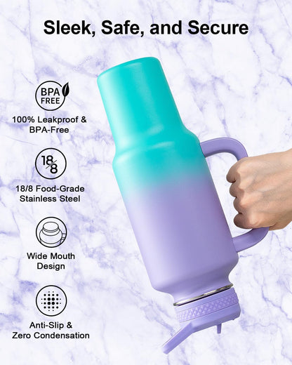 Trebo 40 oz Water Bottle Insulated Fit Car Cup Holder with Handle, Stainless Steel Water Bottles Tumbler with Spout Straw Lids, Double Wall Travel Reusable Flask, Leakproof Mug,Keep Cold &Hot,Black