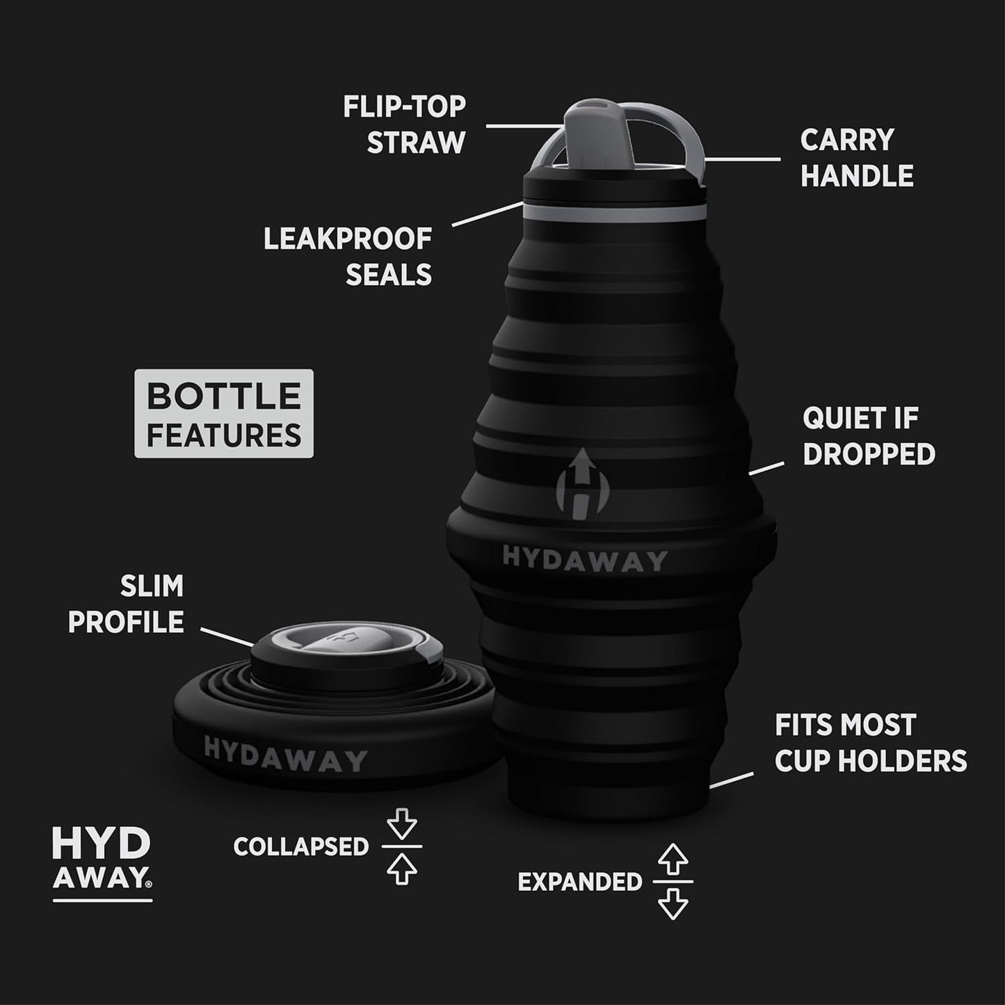HYDAWAY 25oz Collapsible Travel Water Bottle - BPA-Free, Leakproof, Lightweight, Space-Saving - Perfect for Hiking, Travel, and All-Day Hydration