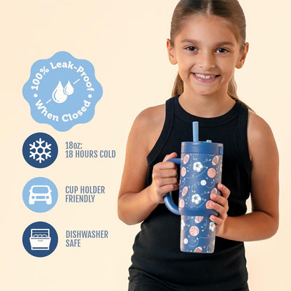 Ello Oasis 18oz Kids Tumbler with Handle & Retracting Straw, 100% Leakproof Reusable Insulated Stainless Steel Cup, Gifts for Teens Girls Boys, Keeps cold for 18 Hours, Cup Holder Friendly, Glacier