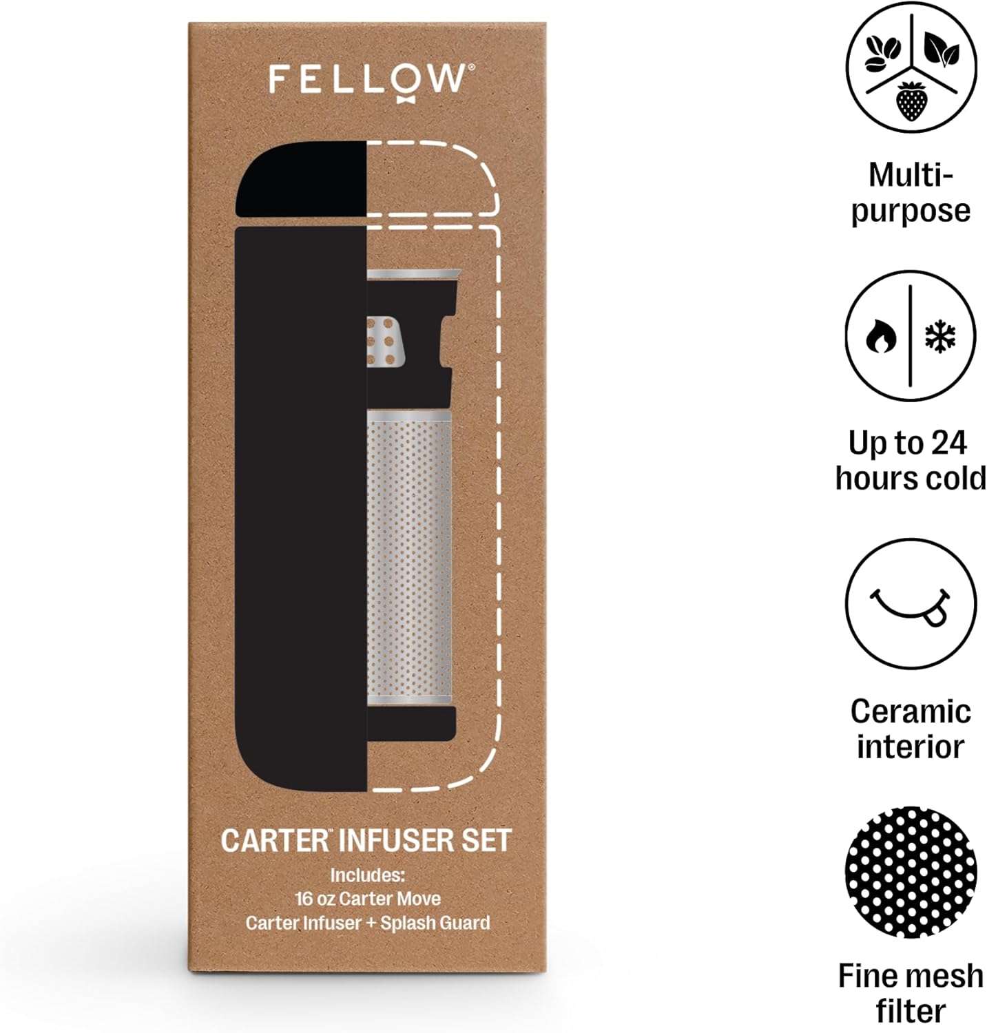Fellow Carter Tea + Cold Brew Infuser & Carter Move 16 oz Tumbler Set - Steep Tea On-The-Go - Vacuum-Insulated Stainless Steel Travel Mug w/Snap-In Infuser For Steeping, Cold Brew, Stone Blue