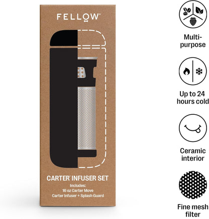 Fellow Carter Tea + Cold Brew Infuser & Carter Move 16 oz Tumbler Set - Steep Tea On-The-Go - Vacuum-Insulated Stainless Steel Travel Mug w/Snap-In Infuser For Steeping, Cold Brew, Stone Blue