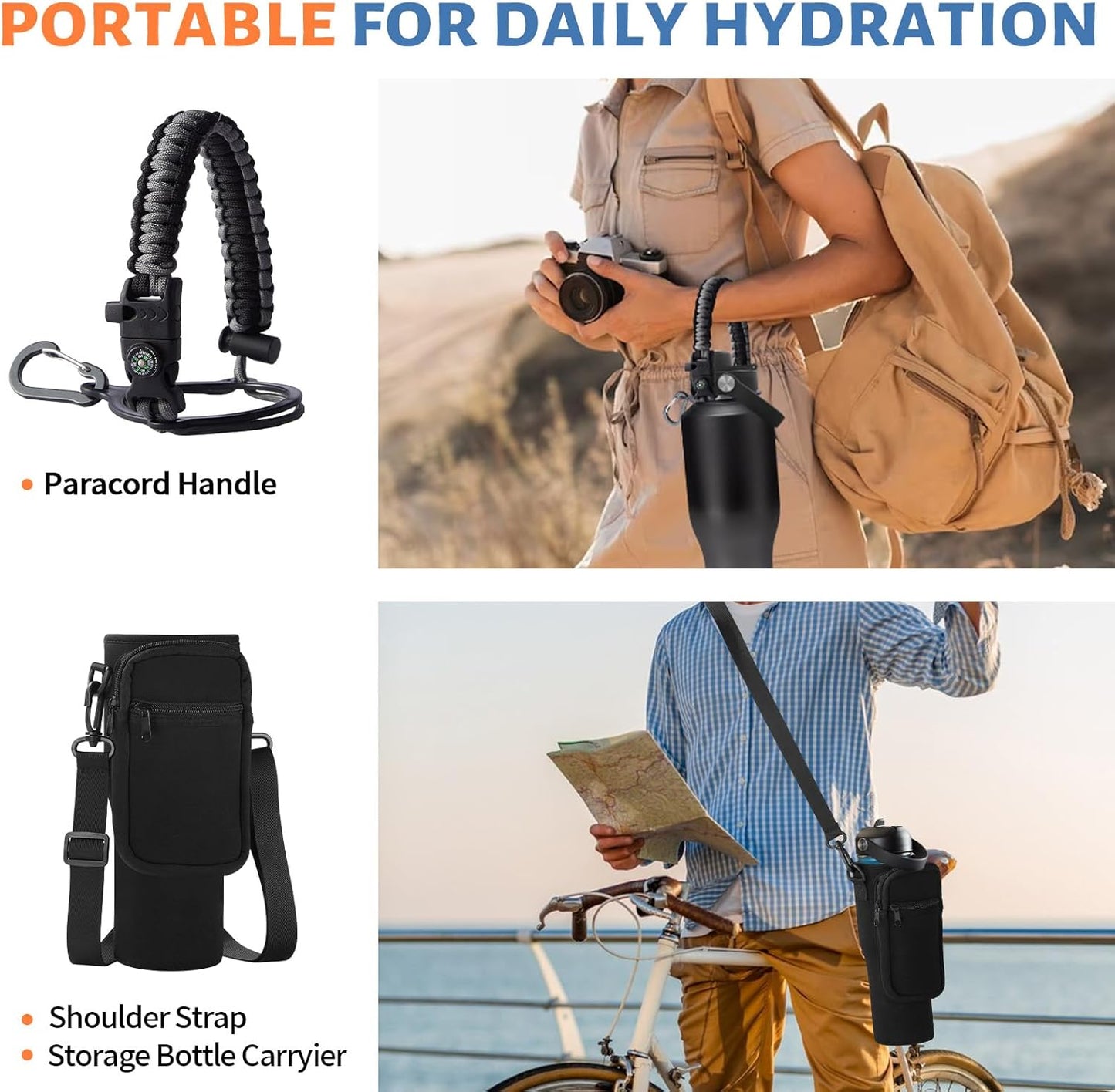 Insulated Water Bottle 40 oz - Fits in any Car Cup Holder, Keep Cold 48H Hot 24H, Stainless Steel Waterbottle Double Wall Flask with Straw, Pop-up Spout Lid, Paracord Handle, Carrier Bag