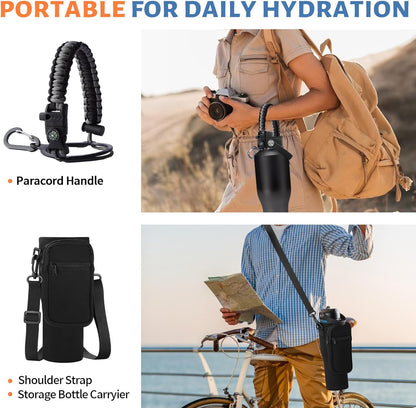 Insulated Water Bottle 40 oz - Fits in any Car Cup Holder, Keep Cold 48H Hot 24H, Stainless Steel Waterbottle Double Wall Flask with Straw, Pop-up Spout Lid, Paracord Handle, Carrier Bag