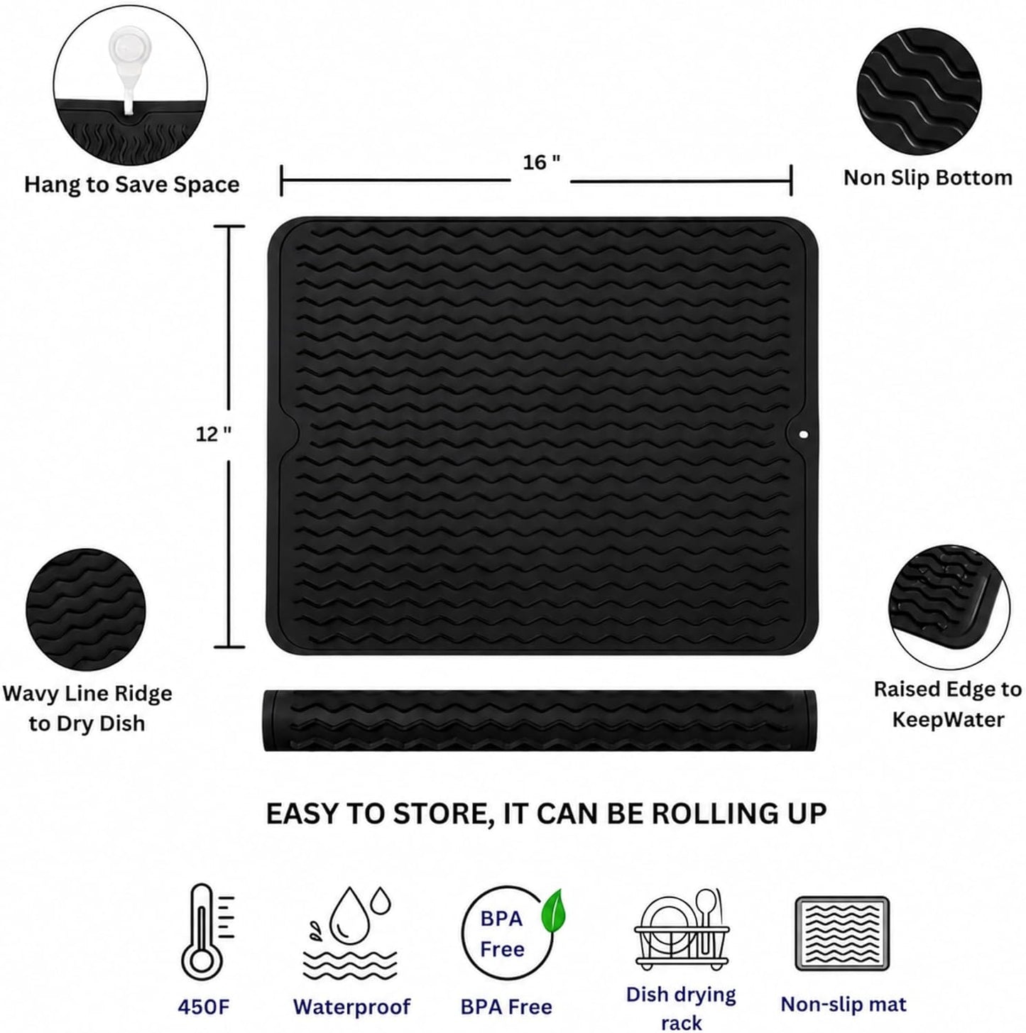 Silicone Drying Mat 16 × 12 – Gray Non-Slip Sink Mat for Kitchen Counter, Heat-Resistant Food-Grade Dish Pad, Easy-Clean Multipurpose Drawer Liner (Gray, 16'' x 12'')