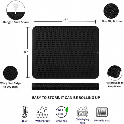 Silicone Drying Mat 16 × 12 – Gray Non-Slip Sink Mat for Kitchen Counter, Heat-Resistant Food-Grade Dish Pad, Easy-Clean Multipurpose Drawer Liner (Gray, 16'' x 12'')