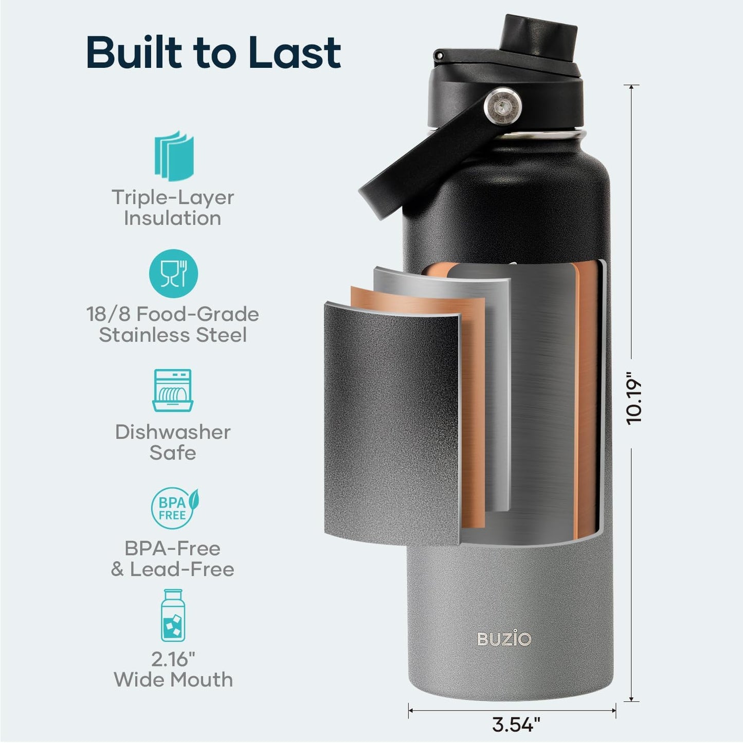 BUZIO 40oz Insulated Water Bottle, Triple Wall Vacuum Stainless Steel Water Flask with 2 lids, Lead-Free BPA-Free Straw Lid Sports Canteen Jug, Cold 48H & Hot 24H- Black - Colors B