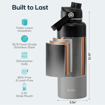 BUZIO 40oz Insulated Water Bottle, Triple Wall Vacuum Stainless Steel Water Flask with 2 lids, Lead-Free BPA-Free Straw Lid Sports Canteen Jug, Cold 48H & Hot 24H- Black - Colors B