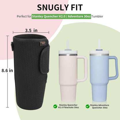 Water Bottle Carrier for Stanley Quencher 30oz Tumbler Cup Water Bottle Holder with Strap Neoprene Protective Tumbler Carrying Bag for Hiking Fitness Travelling - Black