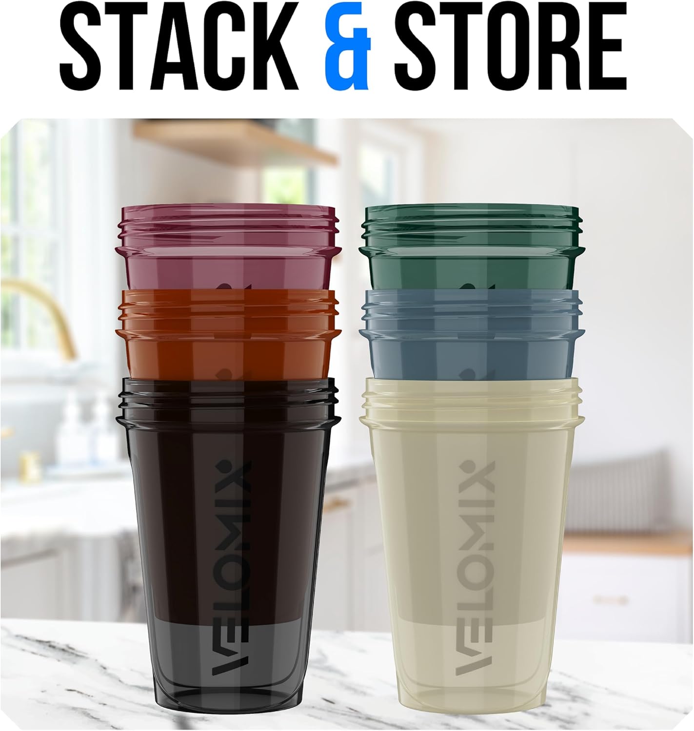 VELOMIX -6 PACK- 20 oz Protein Shaker Bottle for Protein Mixes - 6x Wire Whisk | Leak Proof Shaker Cups for Protein Shakes| Stackable Protein Shaker Bottle Pack | Dishwasher Safe (ALL IN BLACK)