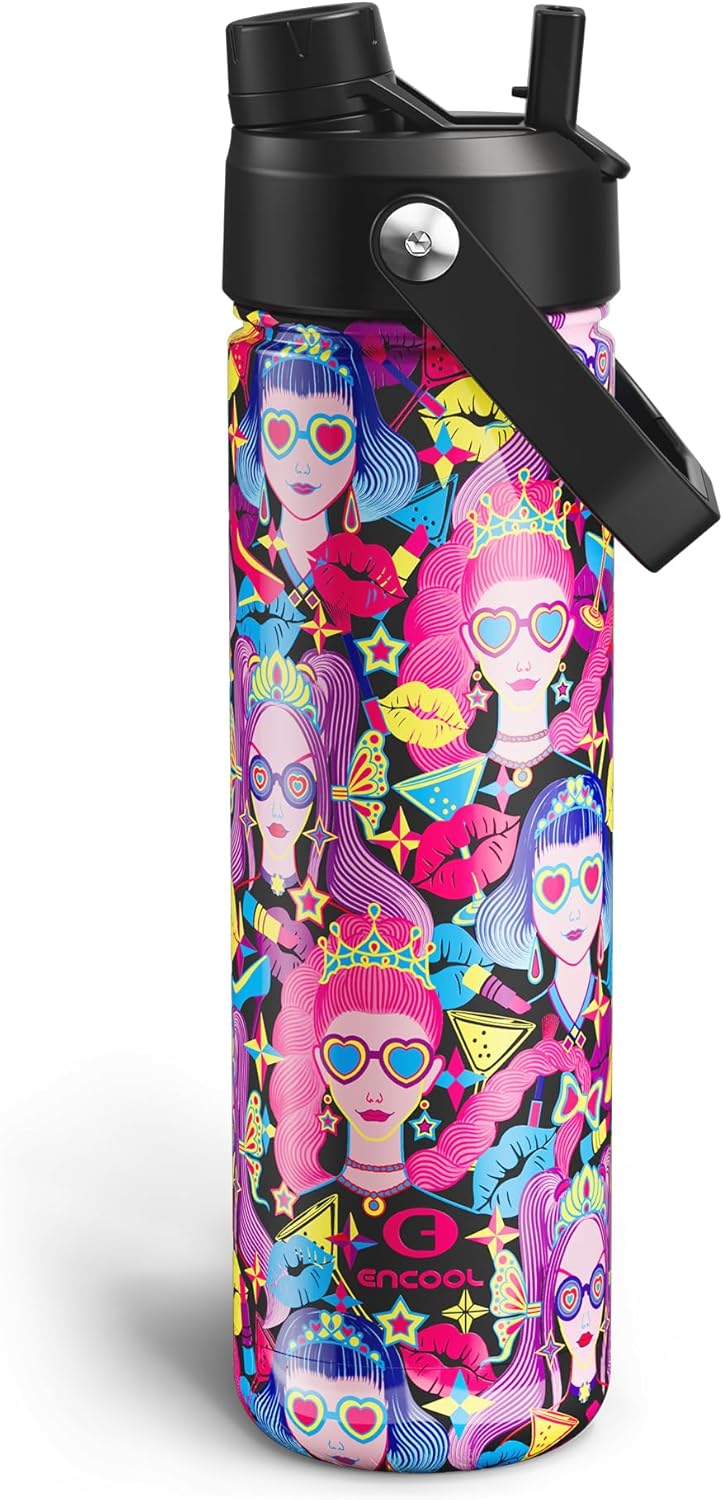 ENCOOL Insulated Water Bottle with Straw Stainless Steel Water Bottle, Leak-Proof, BPA-Free, Double Wall Vacuum Keeps Cold for 24 Hours for Sports, Travel, School (26 oz, Cotton Candy) - Colors D