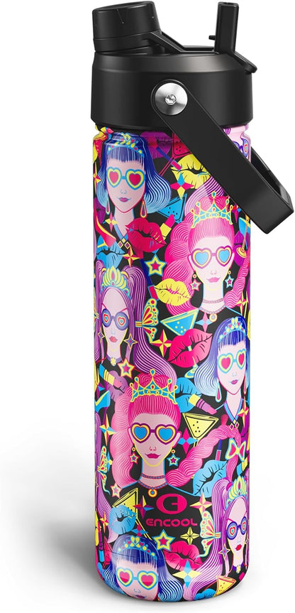 ENCOOL Insulated Water Bottle with Straw Stainless Steel Water Bottle, Leak-Proof, BPA-Free, Double Wall Vacuum Keeps Cold for 24 Hours for Sports, Travel, School (26 oz, Cotton Candy) - Colors D