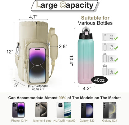 Water Bottle Holder with Strap, 4 Big Pockets with Compartment, 24oz/32oz/40oz Crossbody Water Bottle Carrier Bag