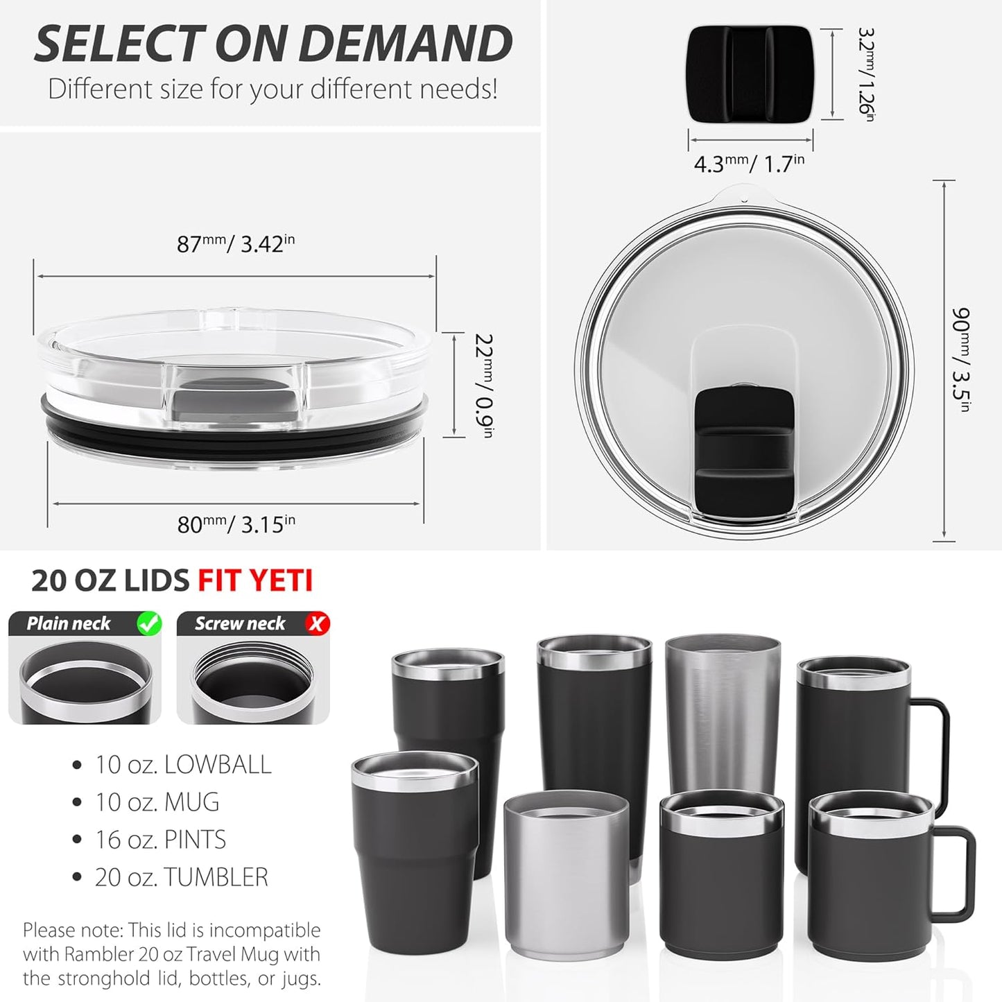 20 oz Tumbler Lid for YETI, 2 Pack Replacement Lids for YETI 20oz Tumbler & 10 oz Lowball, 10 oz Mug, Coffee Cup Covers with Magnetic Slider for Gift, BPA Free