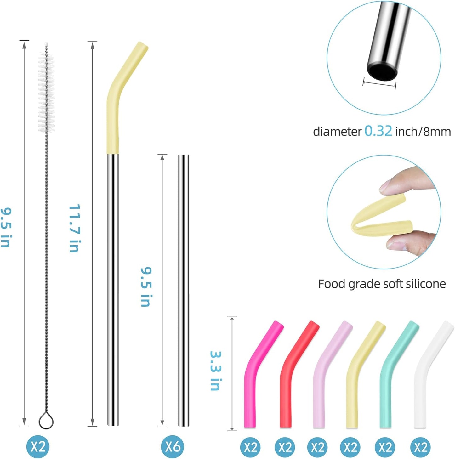 40 oz Stainless Metal Straws for 40 oz Stanley Tumbler, 6Pcs Reusable Straight Long Steel Straws with 12 Silicone Tips and 2 Straw Cleaning Brushes (6Color1, 40oz)