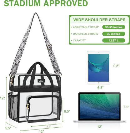 MAY TREE Clear Bag for Stadium Events, 12×5.5×12 Clear Tote Lunch Bag with Non-detachable Reinforced Straps for Work, Sporting Events and Gym, Black