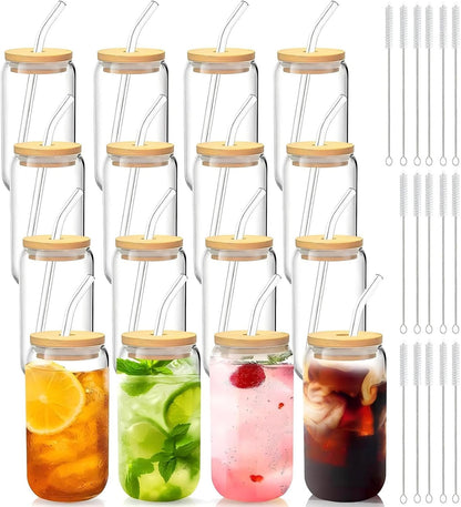 Glass Cups with Lids and Straws 1Pack,Glass Coffee Cups,Glass Cup with Lid for Iced Coffee,Smoothie,Cocktail,Beer,Whiskey,Soda,Matcha,16 Oz Glass Cup with Bamboo Lid,1 Brush