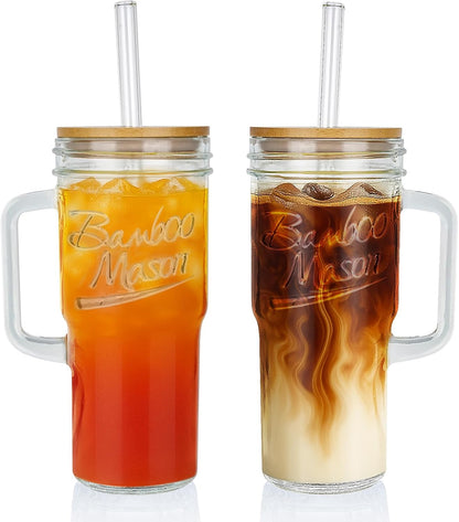 ANOTION Bamboo Mason Leakproof Mason Jar Cups with Lids and Straws, Cap Cup 24oz Glass Tumbler with Handle, Rotating Lid Silicone Straw, Reusable Iced Coffee Matcha Cup Coffee Gifts for Women 2pc