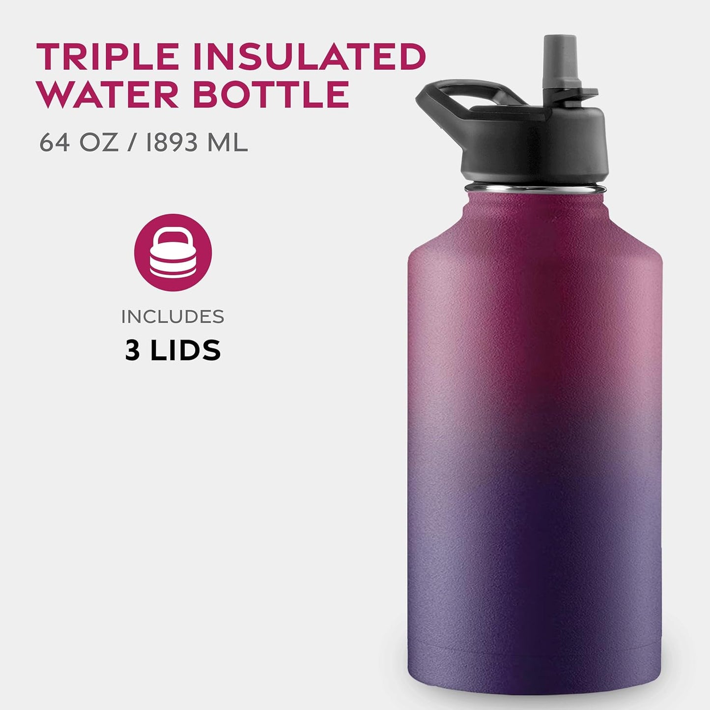FineDine Water Bottle - Stainless Steel Insulated Water Bottle with Straw Lid, Flip Lid & Wide-Mouth Cap - Keeps Hot and Cold - 25 Oz / 739ml - Dreamy Purple