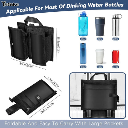 Yotako Suitcase Cup Holder, Portable Luggage Cup Holder for Suitcases, Foldable Travel Cup Holder with Handle and Hold Two Coffee Mugs&3 Zippered Pockets for Beverages Airport Travel Accessories