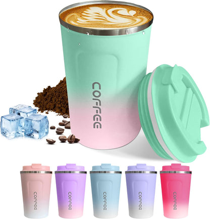 SPLMIFA Travel Coffee Mug Leak-Proof, Reusable Coffee Cups with Lids, Stainless Steel Vacuum Insulated Coffee Tumblers, Thermal Insulation Cup for Men and Women Hot & Cold Drinks(2nd-Green Pink, 12OZ)