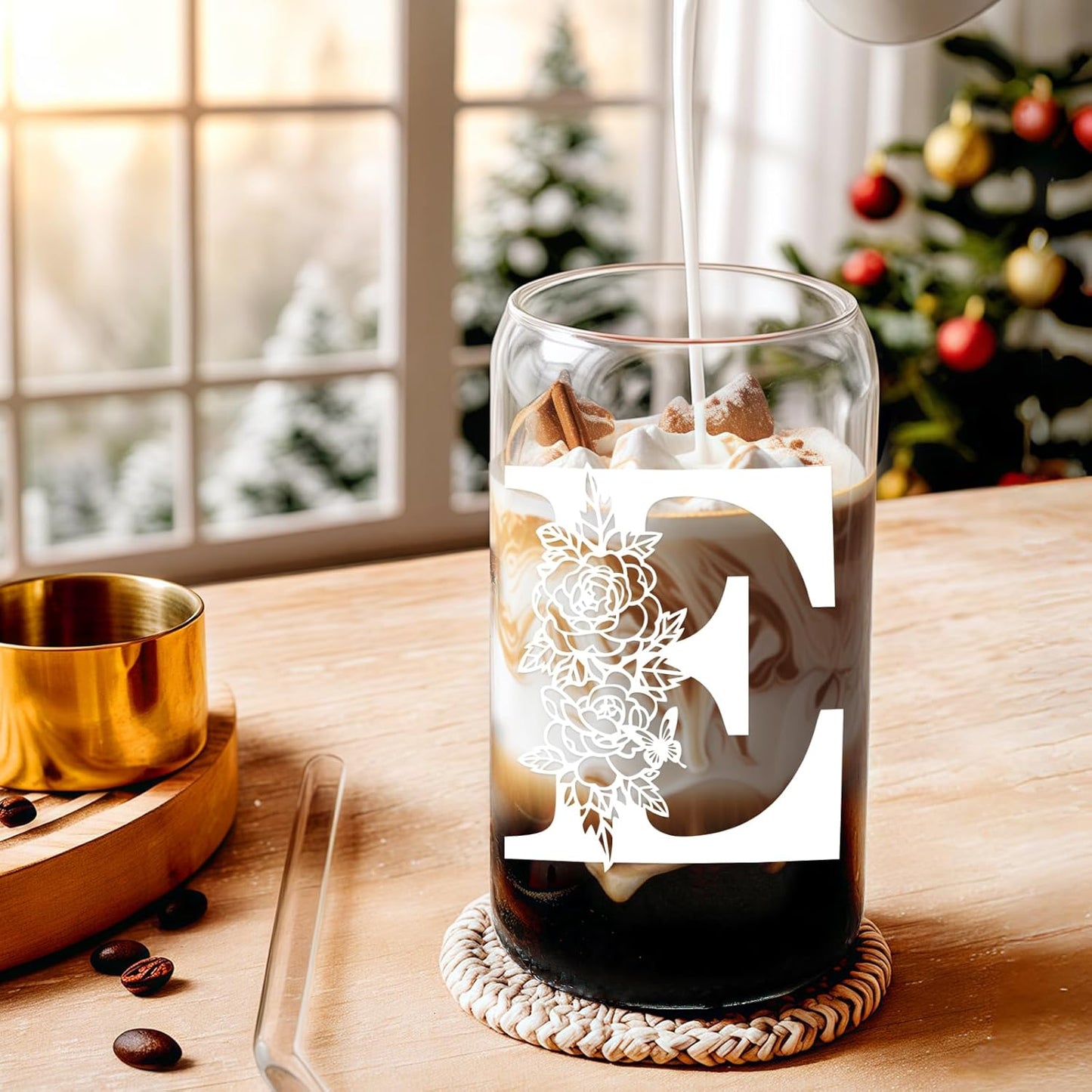 Glass Cups with Lids and Straws: Personalized Initial Glass Cup Be Used As Reusable Iced Coffee Cups with Lids,Cute Matcha Tumbler - The Christmas/Birthday Gifts for Women - M Smoothie Cup
