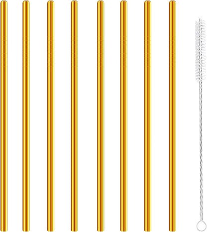 Stainless Steel Straws Metal Reusable Drinking Straw for Juice Iced Coffee Cold Beverage Water Highball Glasses 20oz Tumblers Mugs Cups, 0.24" 6mm Wide 215mm Long, Set of 8 with Brush, Silver