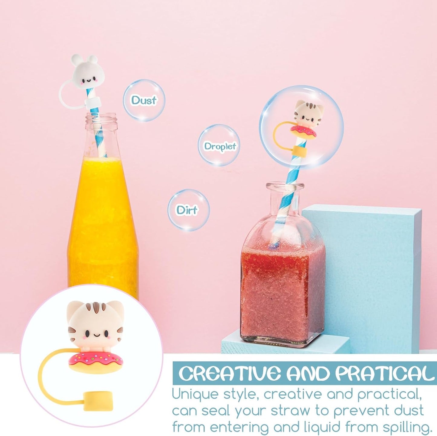 8 Pcs Animal Straw Cover Cap, Silicone Straw Topper for Stanley 30&40 Oz Tumbler Cute Straws Cap in Various Shapes, Straws Covers for 0.4 Inch/10 mm Tips Gifts for Women Girls Teens