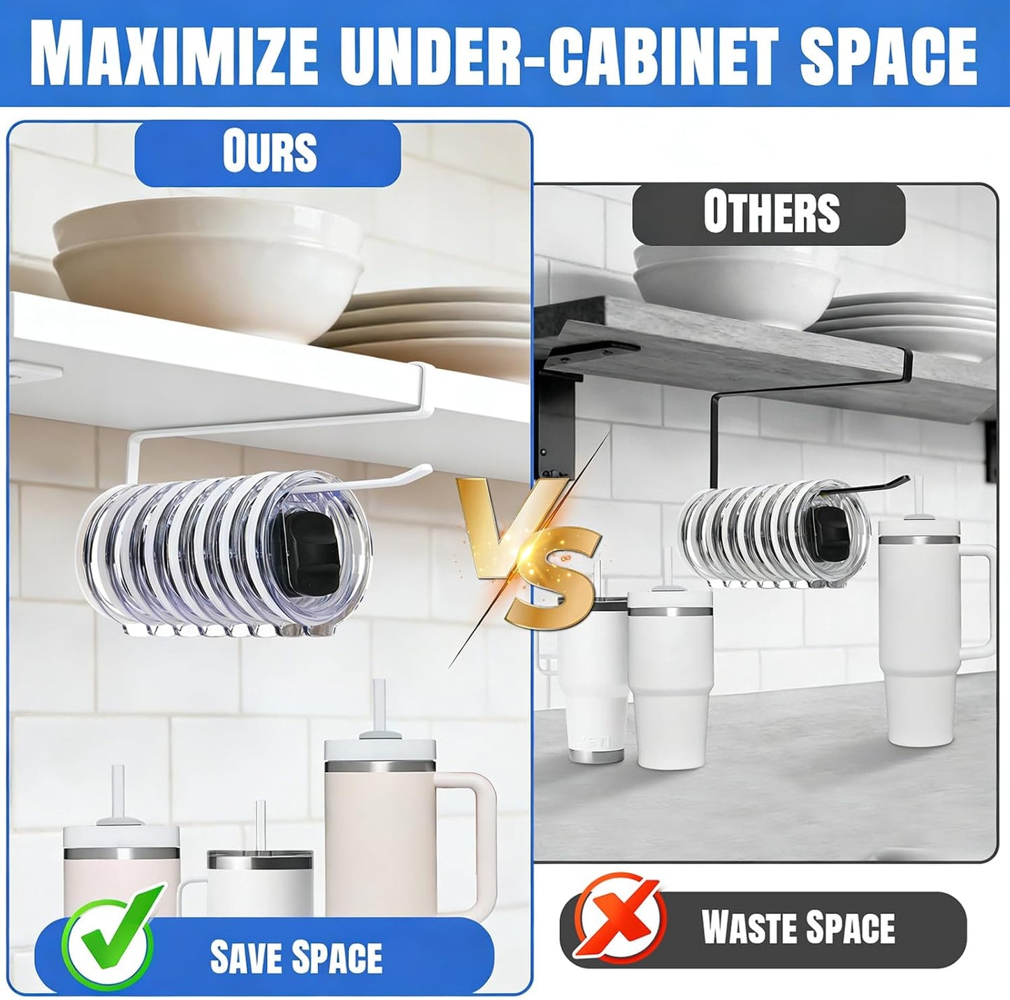 2 Pack Tumbler Lid Organizer, Versatile Cup & Water Bottle Lid Holder, Upgraded Kitchen Space Saver & Under Cabinet Storage, No Adhesive or Drilling Needed, Multi-Use Tumbler Lid Holder, Black