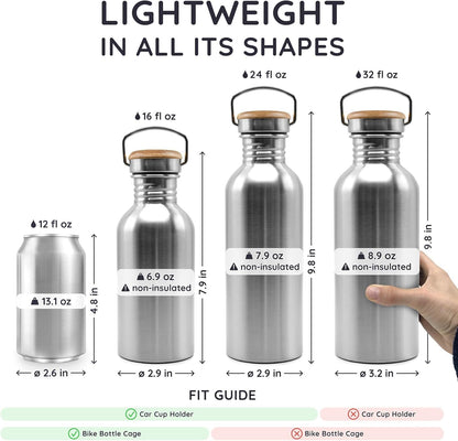 Bambaw Stainless Steel Water Bottles 32 oz, Non-insulated Single Wall Metal Water Bottle Stainless Steel, Reusable & Eco Friendly, Dishwasher Safe – Silver | Non-insulated