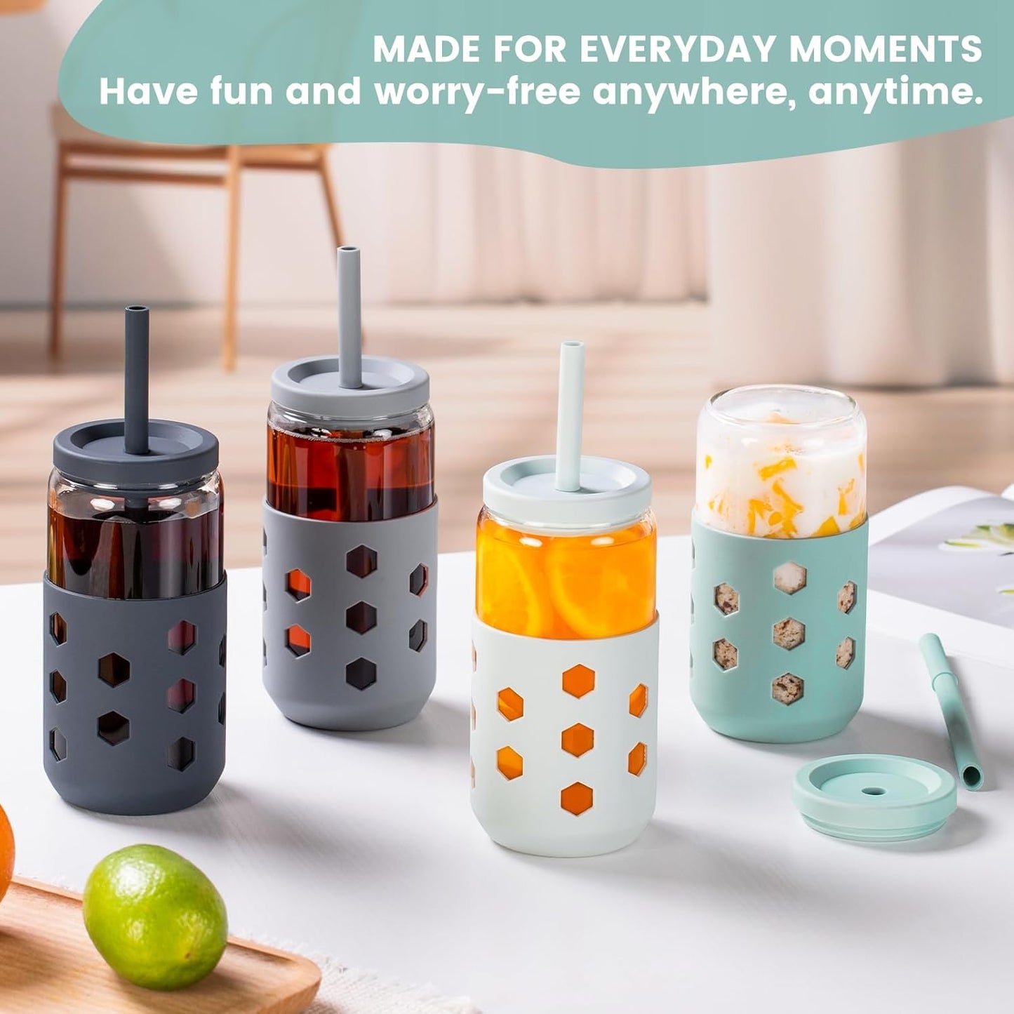 Mrsdry Glass Cups with Lids and Straws (4 Pcs), 16oz Drinking Glasses Set with Silicone Sleeves for Coffee Bar Accessories Iced Coffee Cups with Lids, Glass Tumbler Reusable for Gifts
