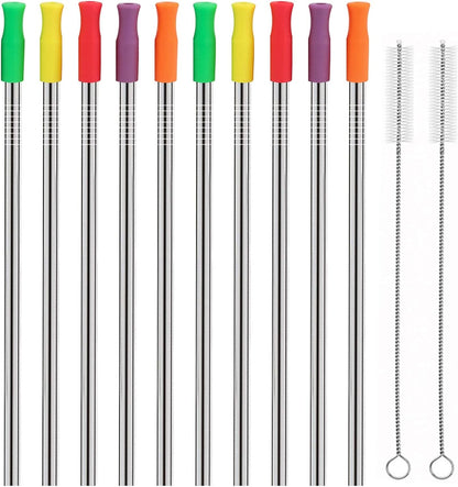Set of 10 Stainless Steel Straws, HuaQi Straight Reusable Drinking Straws 10.5'' Long 0.24‘’ Dia for 30 oz Tumbler and 20 oz Tumbler, 2 Cleaning Brush Included (10 Straight Straw + 2 Brushes）