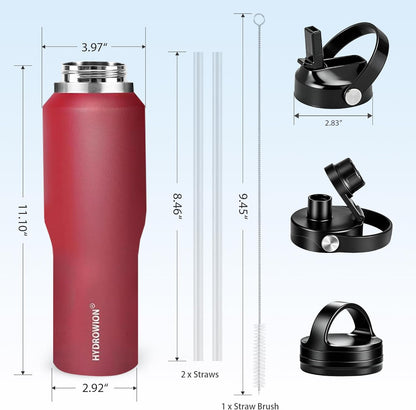 HYDROWION 32oz Stainless Steel Water Bottle(Cold for 48 Hrs, Hot for 24 Hrs),Double Wall Vacuum Insulated Water Bottle with Straw Lid, Spout Lid and Flex Cap, Fit in Any Car Cup Holder,Black