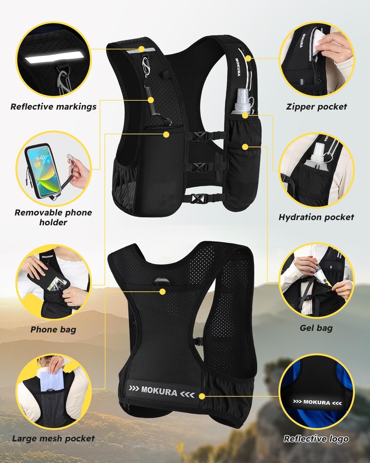 MOKURA Running Vest for Women Men, Lightweight Hydration Vest with 500ML Soft Flask & Phone Holder, Reflective Running Backpack, Adjustable Run Pack Water Bottle, Runner Marathon Essentials