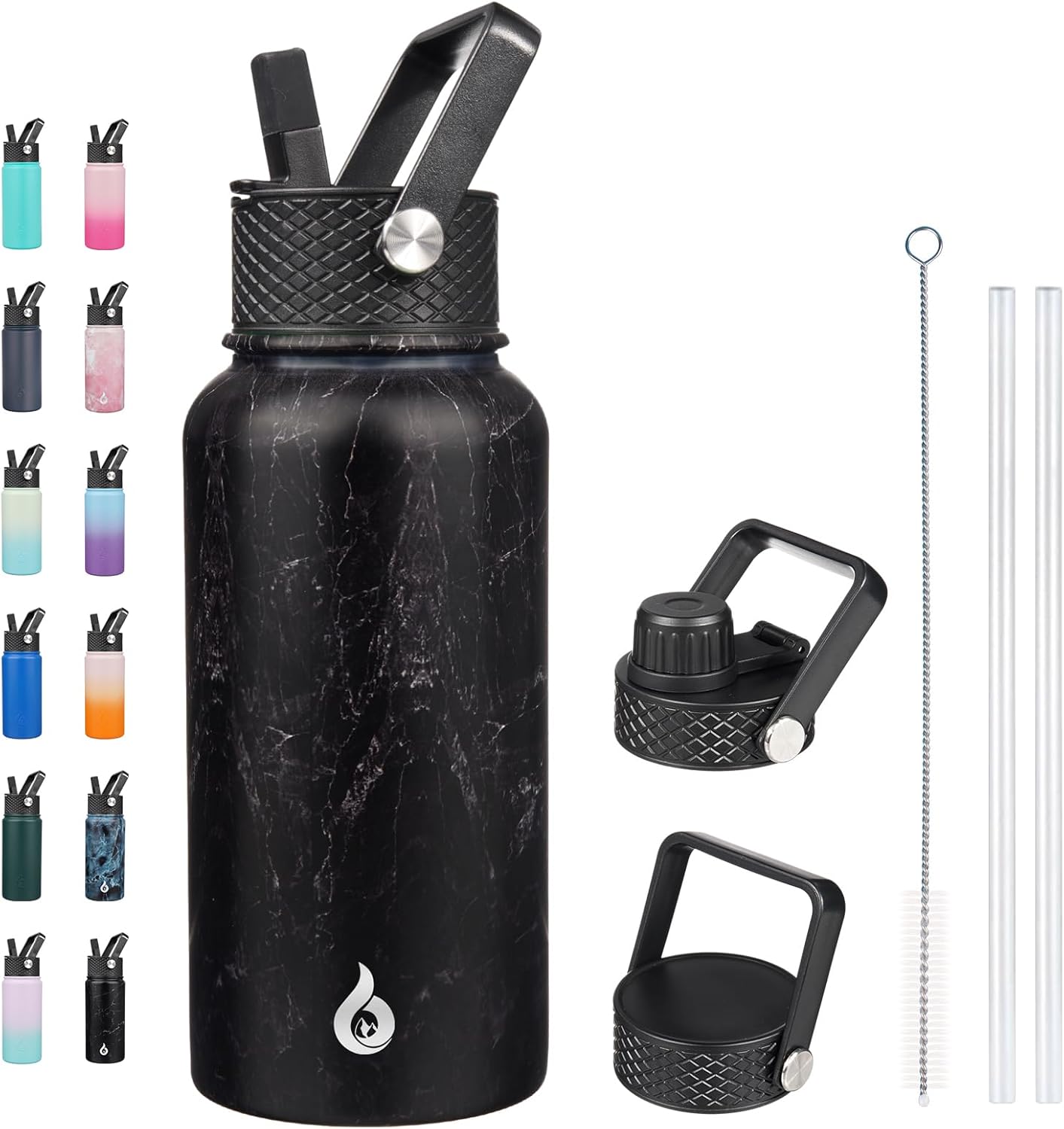 BJPKPK Insulated Water Bottles with Straw Lid, 40oz Stainless Steel Water Bottles with 3 Lids, BPA Free Leakproof Thermo, Tumblers, Cups for Sports, Gym- Midnight - Colors B