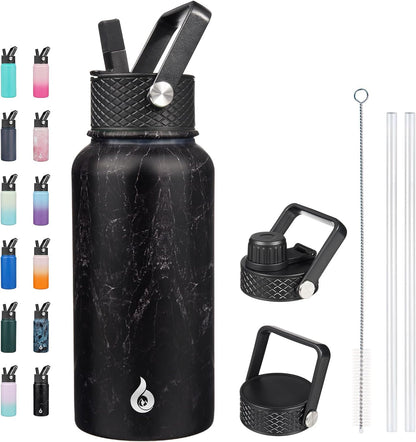 BJPKPK Insulated Water Bottles with Straw Lid, 40oz Stainless Steel Water Bottles with 3 Lids, BPA Free Leakproof Thermo, Tumblers, Cups for Sports, Gym- Midnight - Colors B