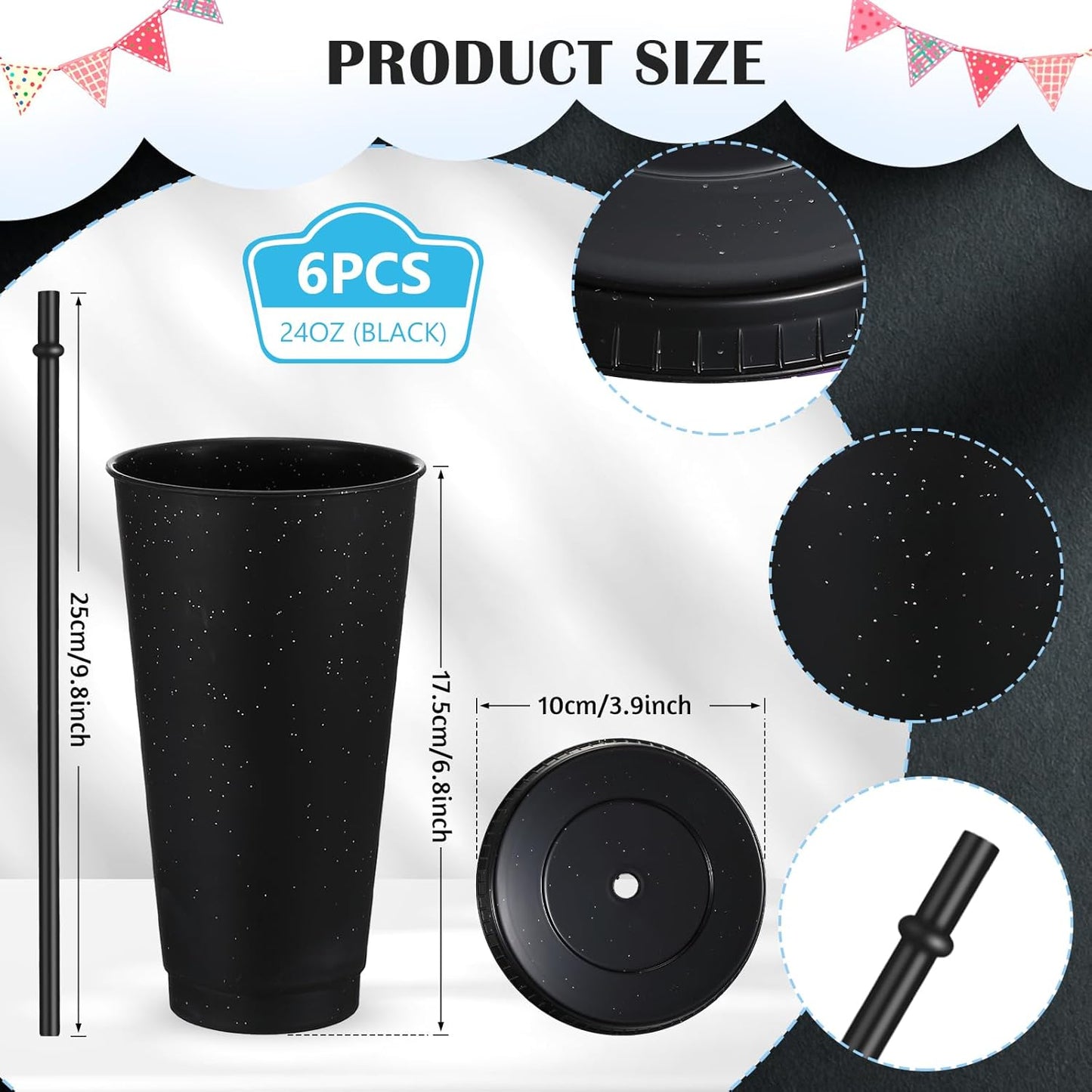 Uiifan 6 Pcs 24 oz Reusable Tumbler with Lids and Straws Plastic Iced Coffee Tumbler Glitter Travel Mug Cup for Smoothie Juices Birthday Party Cold Drink Coffee Cup Bulk for Adult Kid Women (Clear)
