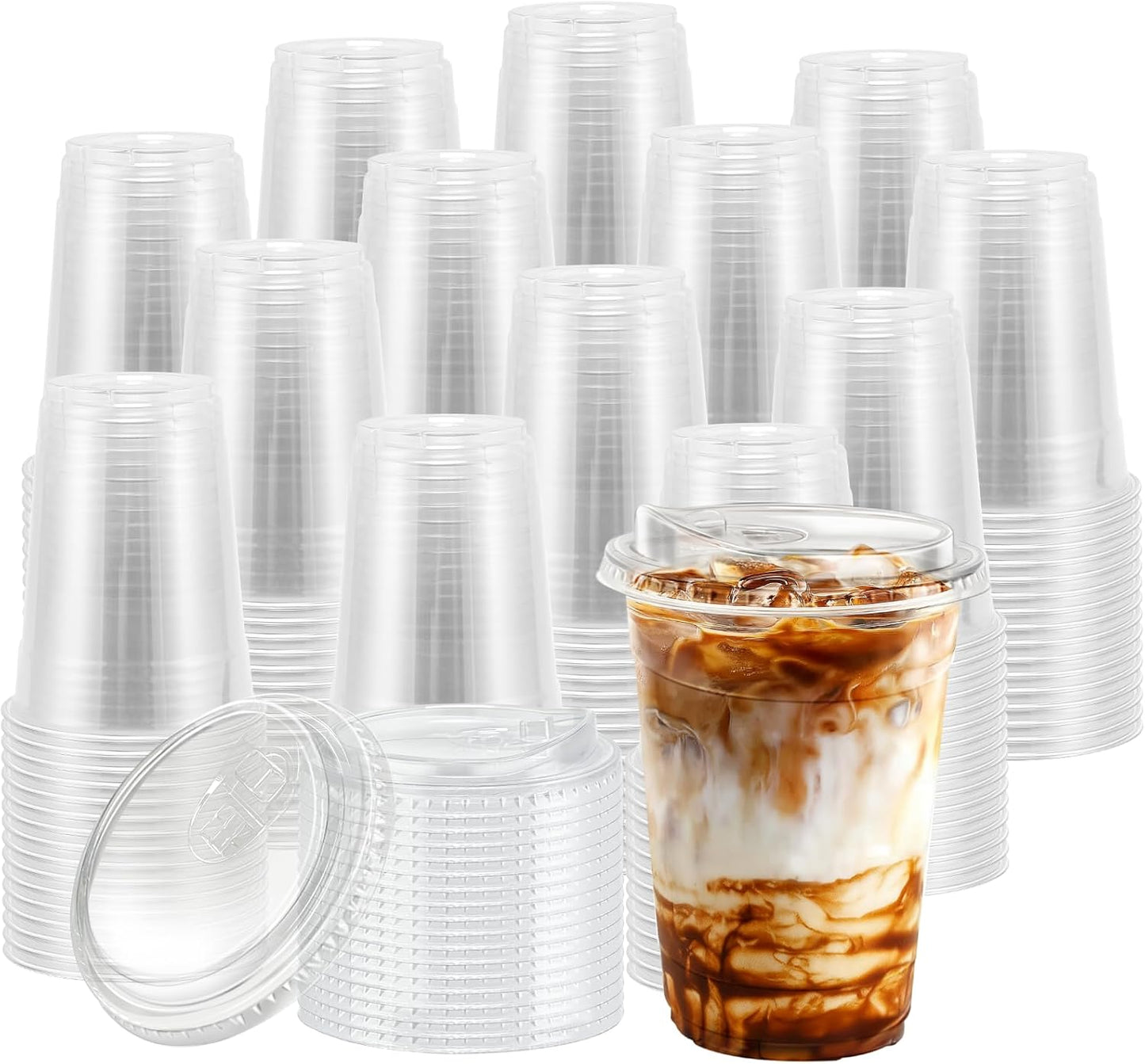 BYSNOW 100 Pack 16 oz Clear Plastic Cups with Lids, Disposable Iced Coffee Cups with Sip Lids, Sturdy Plastic Smoothie Cups for Cold Drinks